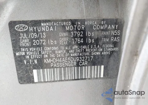 2013 Hyundai Elantra Gls из США, поврежденный, VIN KMHDH4AE5DU932717